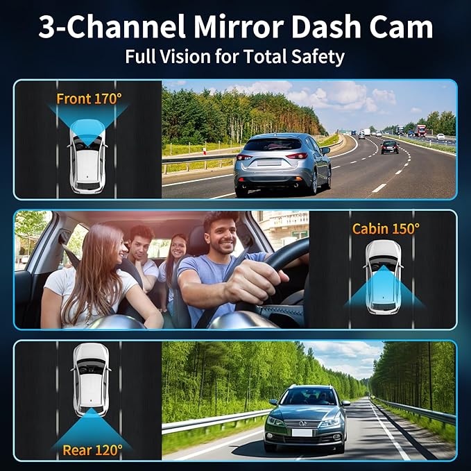 3 Channel Mirror Dash Camera, 4K/3K+2.5K/1080p+1080p Rear View Mirror Camera with GPS, APP Control, WDR Night Vision, G-Senso