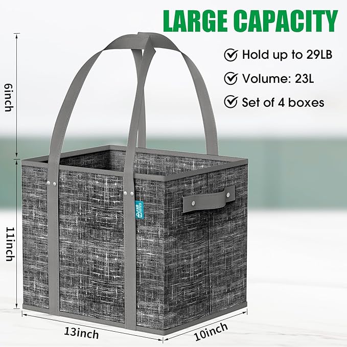 Fab totes Reusable Grocery Bags, Large Foldable Shopping Tote Bags with Reinforced Handles & Hard Bottom,4 Pack,Black