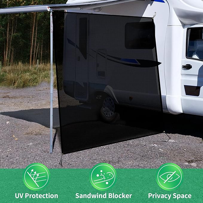 RV Awning Side Shade Screen 9'x 7' Breathabe Black Mesh Sunshade for Camper Trailer Canopy, UV Sun Blocker Complete Kits