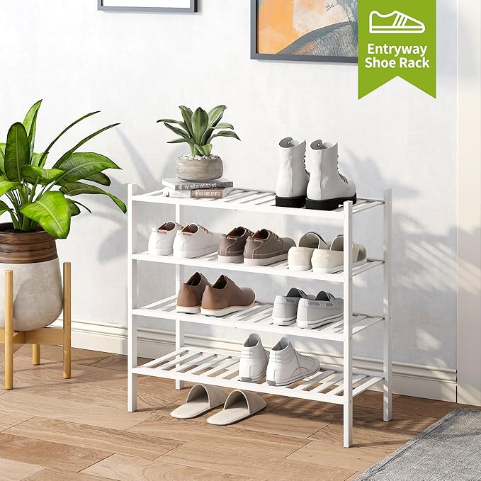 BMOSU 4-Tier Bamboo Shoe Rack Premium Stackable Shoe Shelf Storage Organizer for Hallway Closet Living Room Entryway Organize