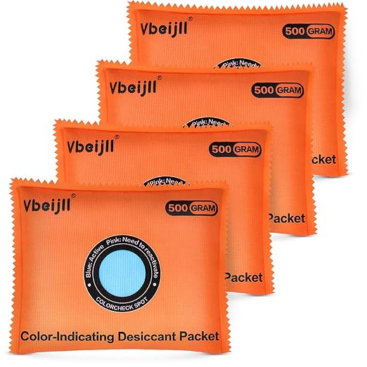 500 Gram (4 Pack) Color-Indicating Desiccant Packs for Storage, Rechargeable Silica Gel Packets, Dehumidifier for Cars, Gun