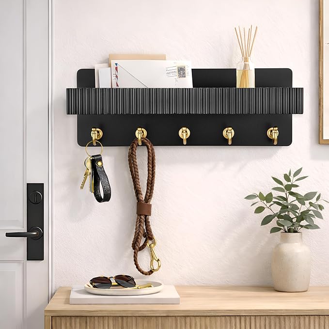 Key Holder Wall Mount, 14" Wooden Entryway Key and Mail Organizer with 5 Metal Hooks, Decorative Key Hanger Rack for Bag, Coa