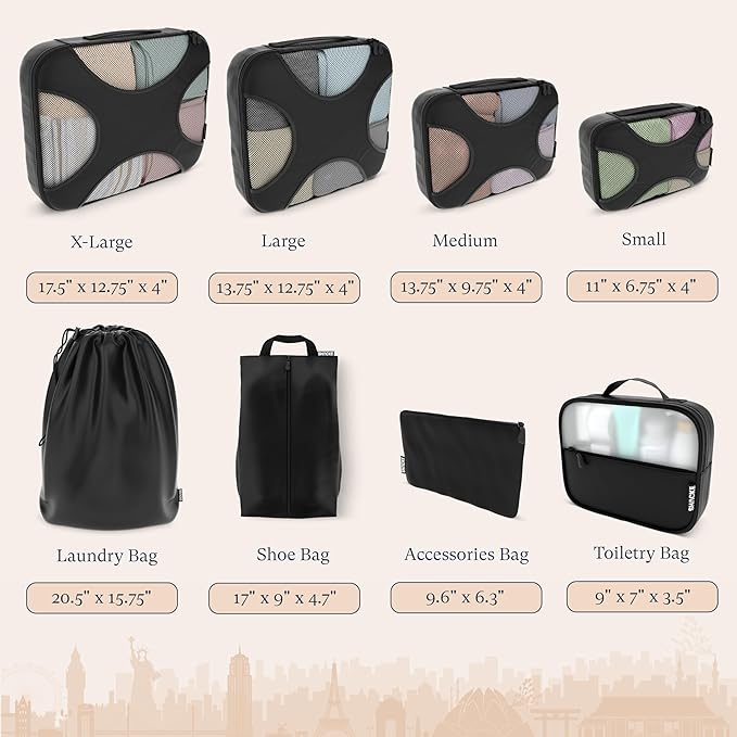 Shacke Packing Cubes for Travel 8 Set - Premium Luggage Organizer Bags - Versatile Travel Organizer for Women and Men - Optim