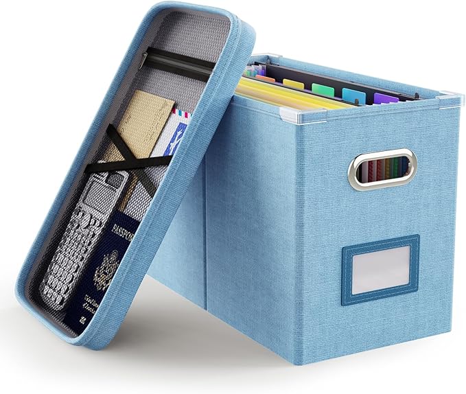 Oterri Portable Document Organizer with Lid, Hanging Storage Box with Mesh Pocket for Letter Files, Smooth Sliding Rail - Sky