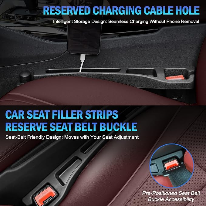 2PCS Car Seat Gap Filler Organizer 4In1 Between Seat & Console Inserts Gap Stopper Plug with Fill,Storage,Hook Function & Concealed Small Hammer,Upgraded Universal No Drop Seat Guard for Cars (Black)