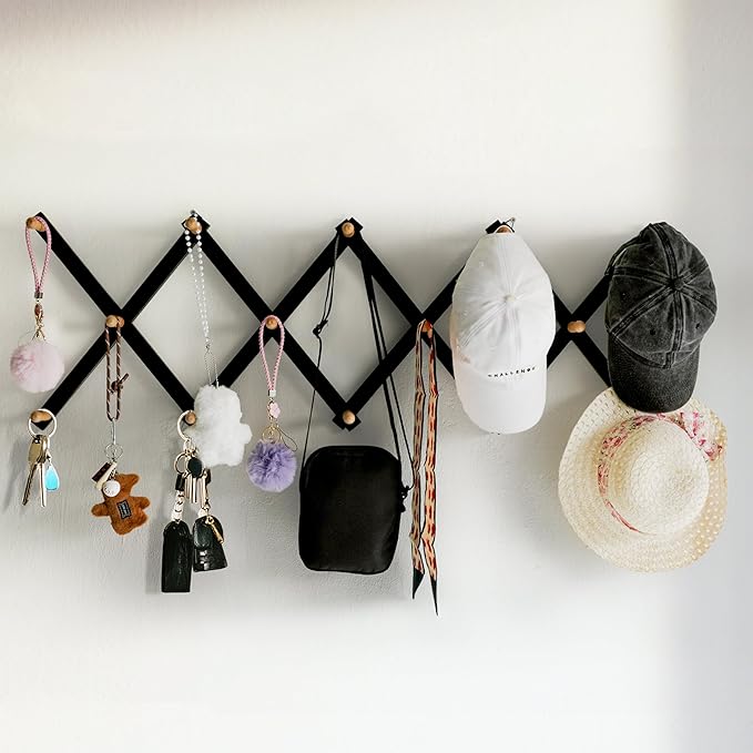 SKOLOO Hat Rack for Wall with 14 Hooks, Solid Wooden, Modern, Expandable Coat Rack Wall Mount for Coats, Hats, Bags, Baseball