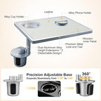 Car Food Tray & Car Table Tray with Car-Grade Aluminum Cup Holder & Phone Stand, Premium Wood with Leather Surface, 360° Rotating Car Desk for Laptop &Eating (Square, White)