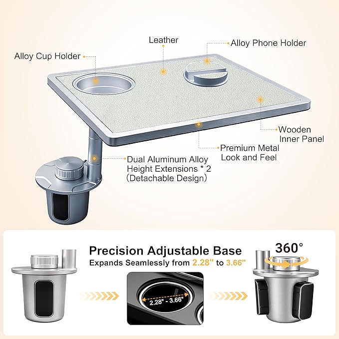 Car Food Tray & Car Table Tray with Car-Grade Aluminum Cup Holder & Phone Stand, Premium Wood with Leather Surface, 360° Rotating Car Desk for Laptop &Eating (Square, White)