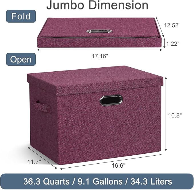 Graciadeco Large 17" 36 Quart Collapsible Stackable Storage Bins with Lids, 3 Packs Purple Linen Fabric Closet Boxes with Lid