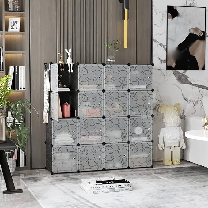 C&AHOME Cube Storage Organizer, 16-Cube Storage Shelving with Doors, Modular Book Shelf, Plastic Shelves Organizing Units, Id