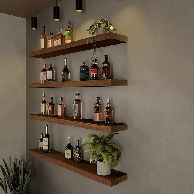 ROGMARS 36 Inches Long Walnut Floating Shelves,Rustic Solid Wood Farmhouse Wall Shelves with Invisible Brackets for Bathroom,