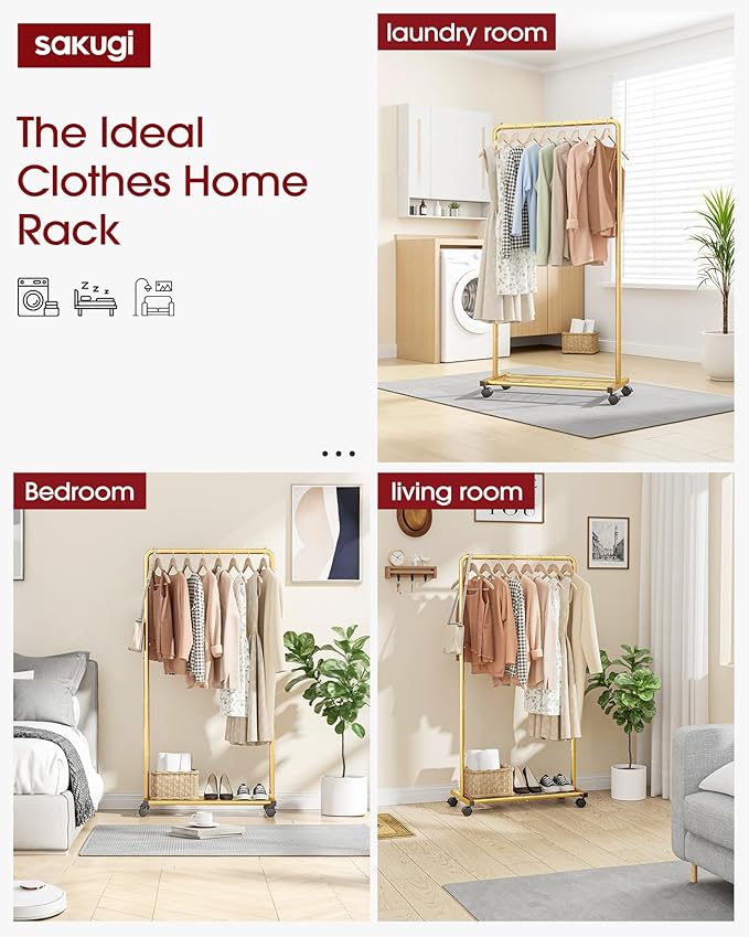 Sakugi Clothes Rack - Clothing Rack with Storage Mesh Shelf & Casters, Heavy-Duty Metal Clothing Rack for Hanging Clothes, Dr