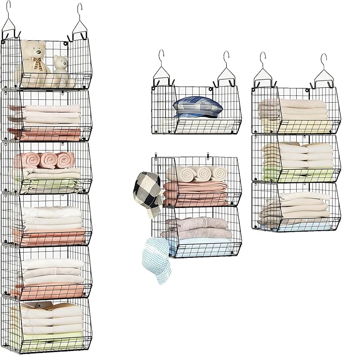6 Tier Closet Hanging Organizer, Clothes Hanging Shelves with 4 Hanging Hooks 5 S Hooks, Wire Storage Basket Bins, for Clothi