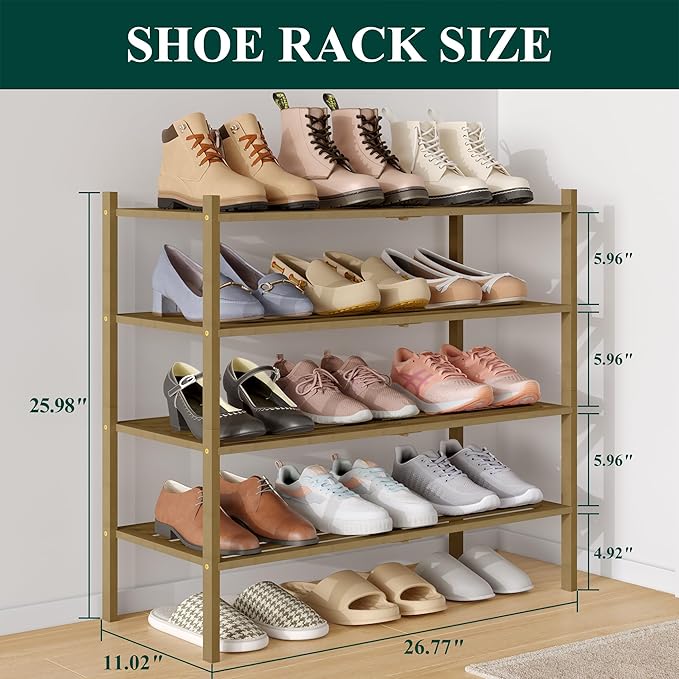 Smiry Bamboo Shoe Rack 4-Tier, Stackable Wooden Shoe Organizer for Entryway & Closet, Free Standing Wood Shoe Storage Shelf f