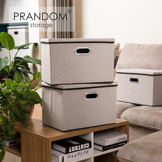 PRANDOM Large Foldable Storage Bins with Lids [3-Pack] linenFabric Decorative Storage Boxes Organizer Containers Baskets Cube