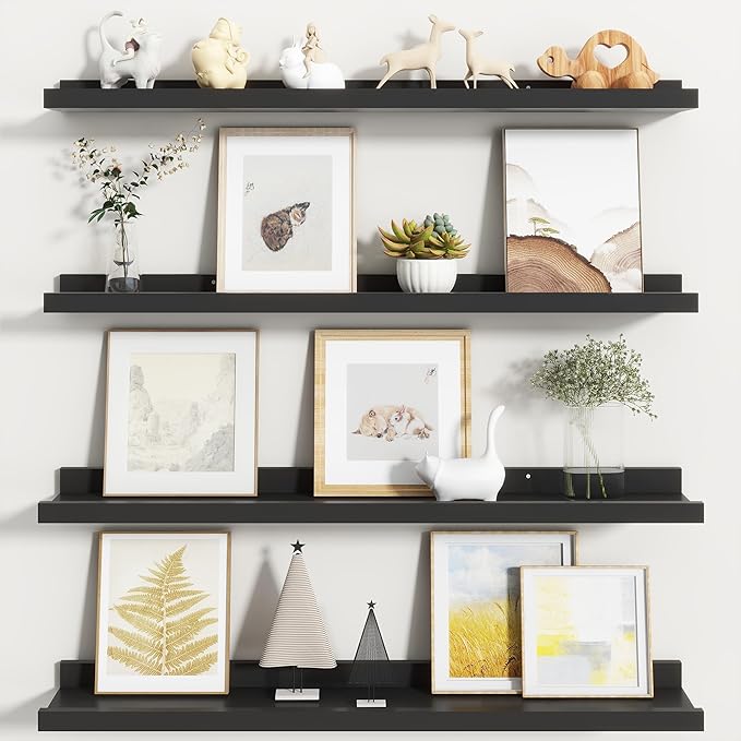 Fun Memories Picture Ledge Shelf, Black Floating Shelves Set of 4, 32 Inch Picture Shelves for Wall with Ledge, Large Nursery