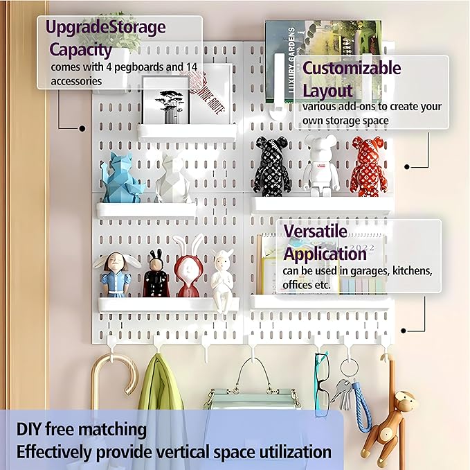 Pegboard Combination Kit, Modular White Pegboard Wall Organizer with 4 Pegboards & Accessories Hanging for Gaming Office Wall