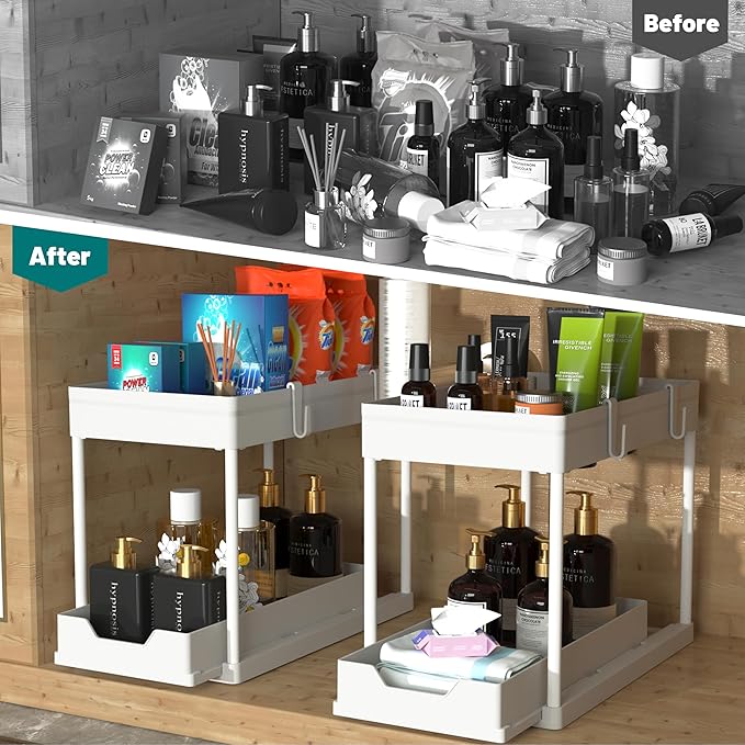 MEAFBIRD 2 Pack Under Sink Organizer, 2 Tier Bathroom Cabinet Organizer with Sliding Basket, Multi-Purpose Under Sink Organiz