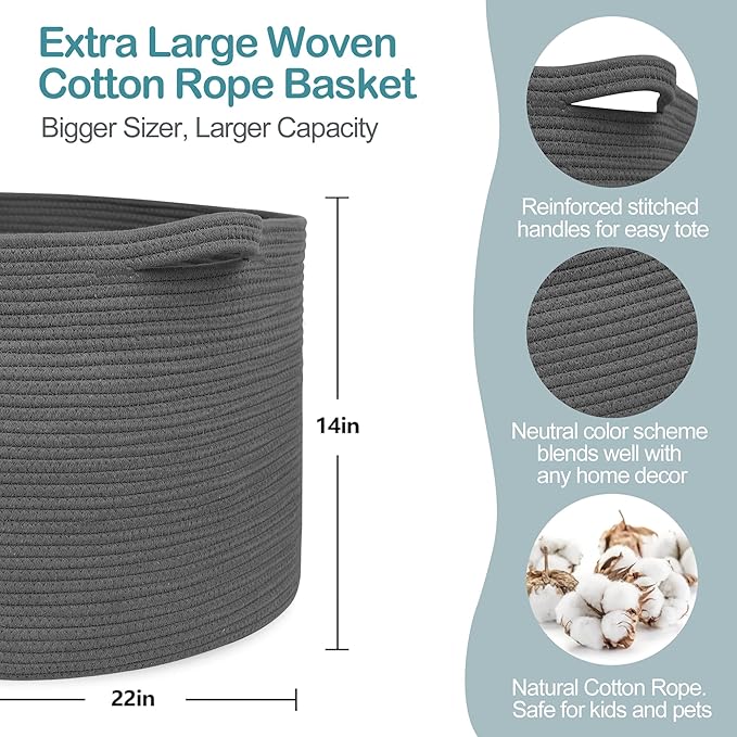 MEGASKET Large Dark Grey Storage Basket, Woven Cotton Rope Baskets for Storage, Big Blanket Organizer Storage Basket for Livi