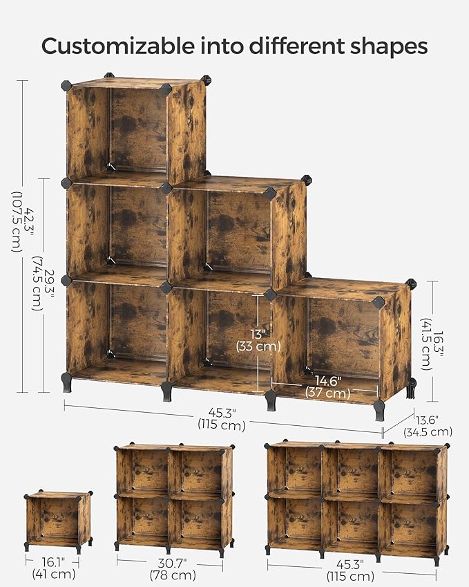 SONGMICS 6 Cube Storage Organizer, Modular Bookshelf, DIY Closet Organizers and Storage, Plastic Stackable Shelves, 14.6 x 13