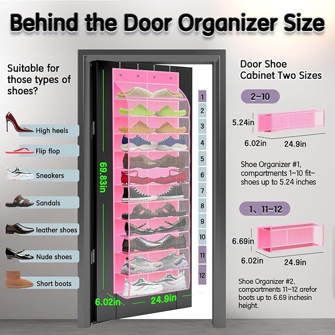 Kotkn Over The Door Shoe Organizer with 12 Large Breathable Pockets - Durable Hanging Storage for the Entire Family's Shoes (
