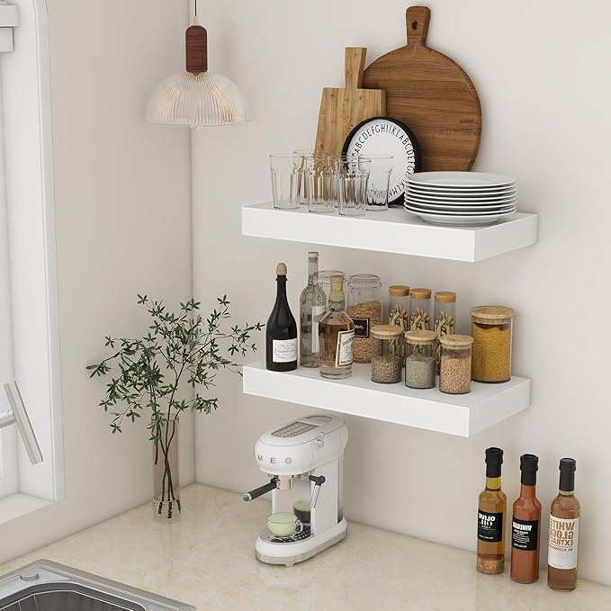 Deep Floating Shelves | 24 Inch White Floating Shelves Set of 2 | 12 Inch Deep Rustic Wood Shelves for Wall | 24" W x 12" D W