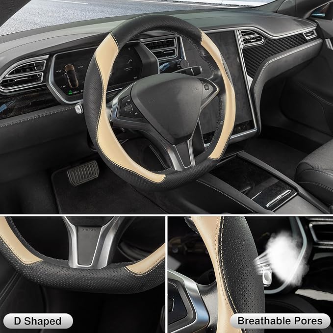 SEG Direct D Shaped Steering Wheel Cover, Flat Bottom Car Wheel Cover 14 1/2-15 in. (37-39 cm), Black and Beige Microfiber Le