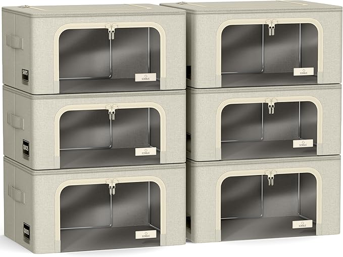 Sorbus Storage Bins with Metal Frame - Stackable & Foldable Clothes Organizer Bags - Oxford Fabric Storage Containers with La