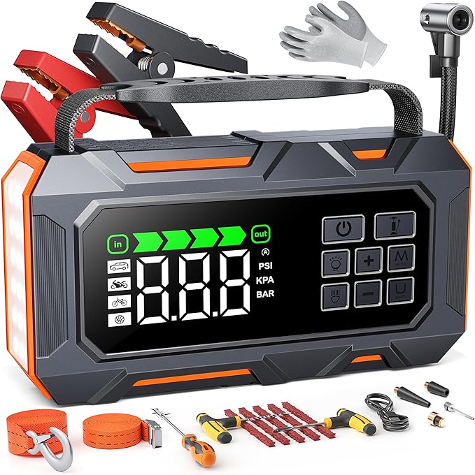 Portable Jump Starter with Air Compressor 8000A 160PSI, 16-in-1 Car Battery Jump Starter with Emergency Kit, Auto-Shutoff