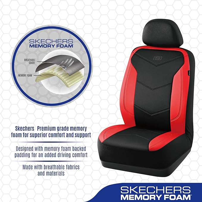 Skechers Memory Foam Seat Covers,Leather Car Seat Covers, Ultimate Comfort & Support Front Seat Covers Airbag Compatible, Aut