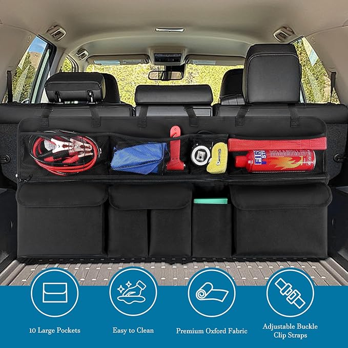 Car Trunk Organizer, Upgraded Version Expand Space Hanging Trunk Organizer with Adjustable Straps, Collapsible Waterproof Suv T
