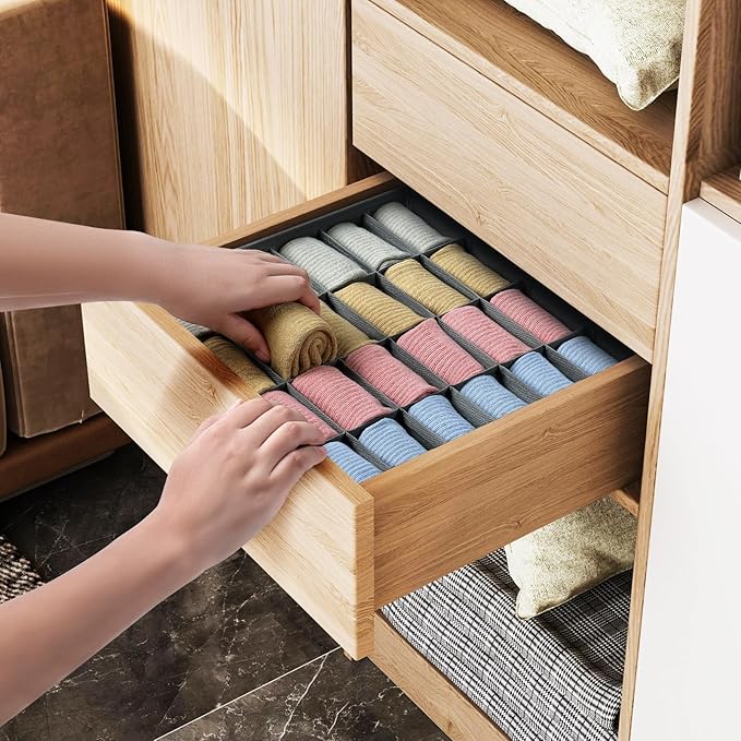 Joyoldelf Sock Drawer Organizer Divider Underwear Organizer 24-cell Fabric Dresser Drawer Organizers Storage Boxes for Socks 