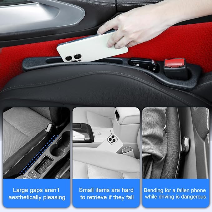 Car Seat Gap Filler 2 Pack, Built-in Storage Slot & Seat Belt Pass-Through Design, No-Readjust Gap Blocker Organizer for SUV Truck Sedan, Universal Fit Car Interior Accessories
