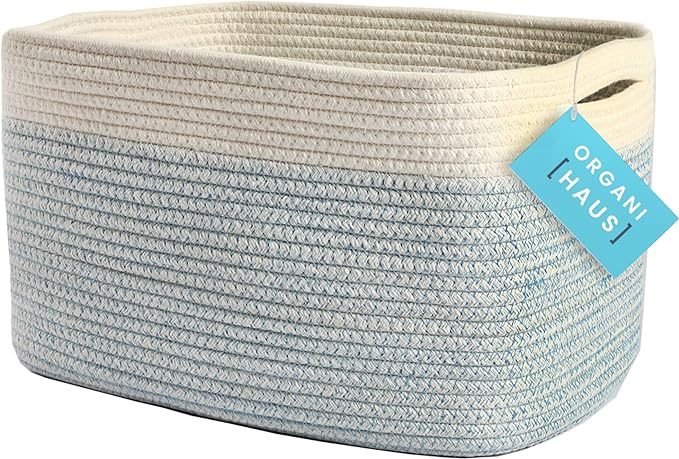OrganiHaus Cotton Rope Basket for Shelf - Woven Storage Basket for Organizing, Closet & Toy Storage - Blue/White - 15x9x10