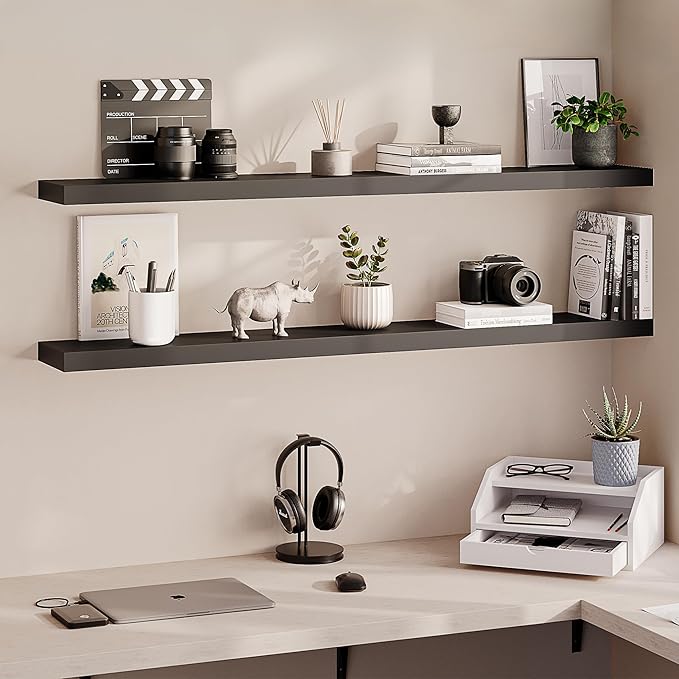 Ballucci Floating Shelves for Wall, 55 inch 2-Tier Black Shelf, Invisible Brackets, Wood Wall Shelf for Living Room, Bedroom,