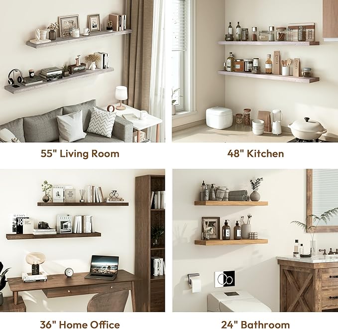Vivelove Elm Floating Shelves for Wall Solid Wood, 24 Inches Long Rustic Wall Shelf With Invisible Bracket for Living Room Be