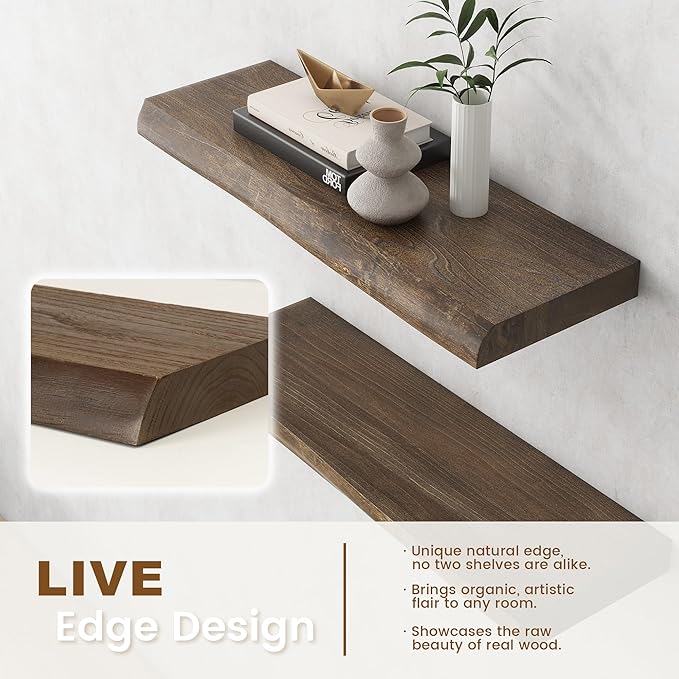 Live Edge Elm Floating Shelves for Wall Decor, Rustic Solid Wood Shevles Wall Mounted with Invisible Bracket for Living Room 