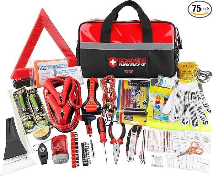 Kitgo Car Emergency Kit,Premium Roadside Assistance Essentials with Jumper Cables, Flashlight, Shovel, Screwdriver Set - Idea