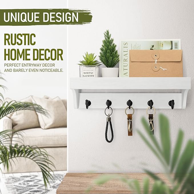 Rebee Vision Key and Mail Holder for Wall with Floating Shelf : Decorative Hanging Organizer with 5 Sturdy Keys Hooks and Wal