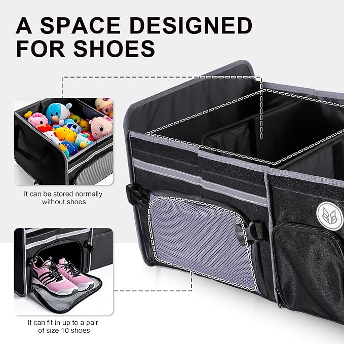 Bold Color Block Trunk Organizer, Foldable with 26L Ice Pack,95L Dedicated Shoe Space, Stylish for SUV/Car (Black, Midsize)