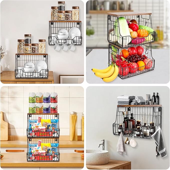 Livabber Fruit Basket for Kitchen, Metal Fruit Vegetable Storage Bin with 2 Banana Hangers, Countertop Wire Basket Organizer 