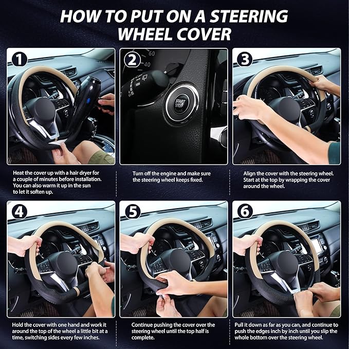 SEG Direct Flat Bottom Steering Wheel Cover Breathable, D Shaped Car Wheel Cover 14 1/2-15 in. (37-39 cm), Black Beige Microf