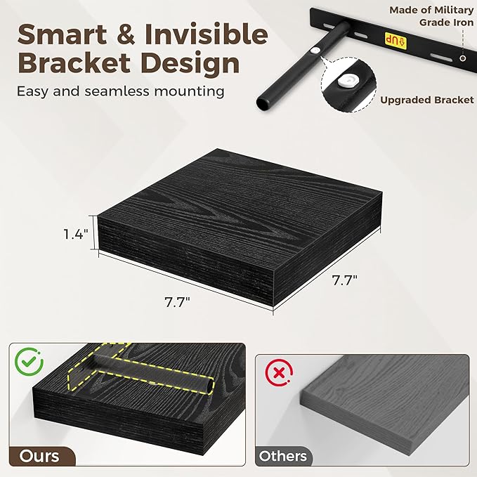 Fun Memories Small Floating Shelves for Wall - 8 Inch Square Wall Shelves with Invisible Brackets, Black Shelves for Bathroom