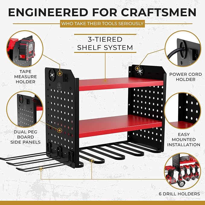 BUILTSTRONG Power Tool Organizer-6 Drill Holder Wall Mount, 3 Tier Heavy-Duty Hand Tool Storage Rack, Utility Racks, Drill Ho