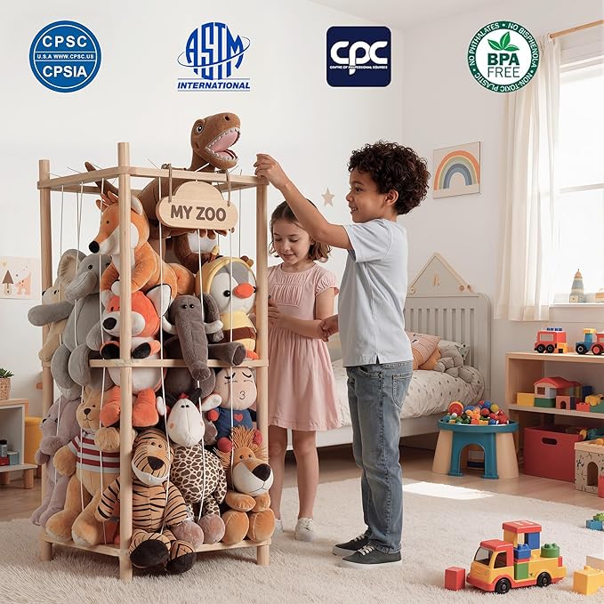 LAMU Stuffed Animal Storage Zoo, Wooden Stuffed Animals Organizer & Holder for Kids with Elastic Cords, Space Saving Plushies
