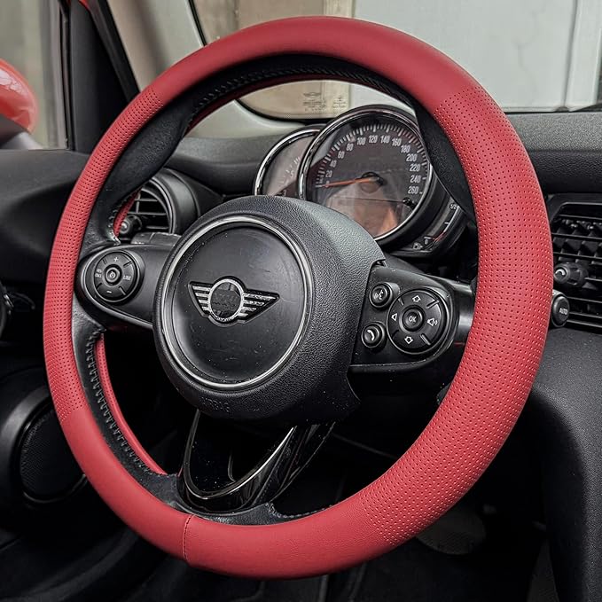 PINCTROT Nappa Leather Steering Wheel Cover, Slim Fit No Bulk Design, One Piece Leather with Breathable Perforation, Fit Like