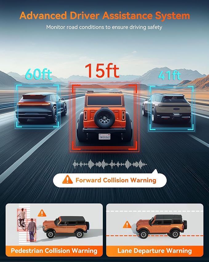 WOLFBOX G840H 12'' Mirror Dash Cam with ADAS and BSD, 2.5K Rear View Mirror Camera Front and Rear, 5.8GHz WiFi, Voice Control