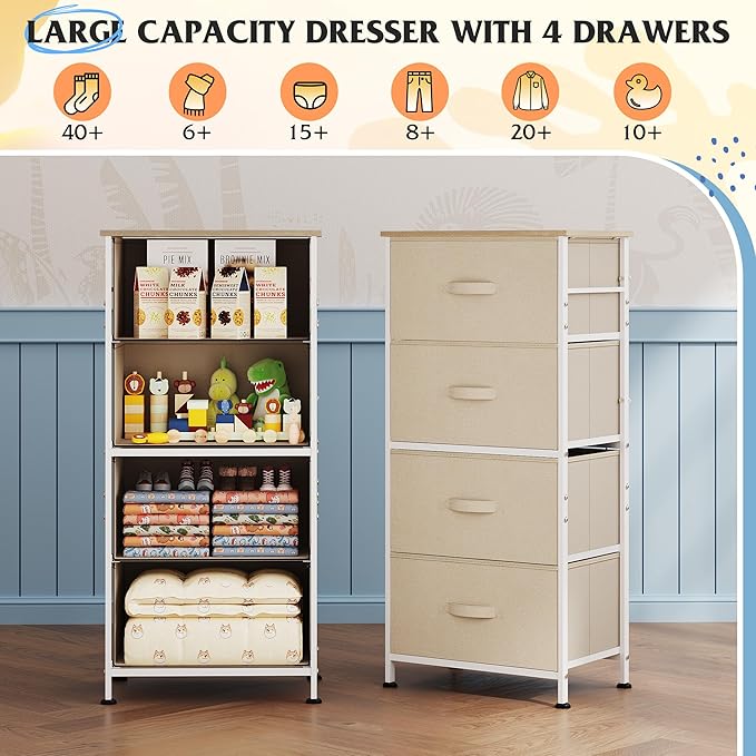 WLIVE Dresser with 4 Drawers, Storage Tower, Organizer Unit, Fabric Dresser for Bedroom, Hallway, Entryway, Closets, Sturdy S