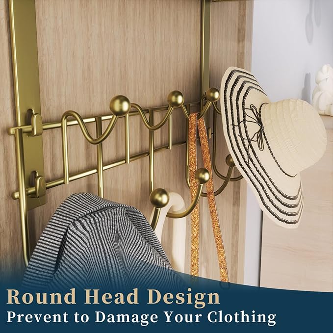 Consumest Over The Door Hooks Organizer - Extra Long Door Hanger with 9 Coat Hooks & 2 Mesh Basket, Back Storage Organizer Ha