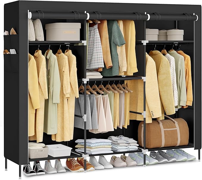 SONGMICS Portable Closet, Fabric Wardrobe, Clothes Rack with Shelves, Pockets, Large Capacity, 4 Hanging Rods, 74.4 x 17.7 x 